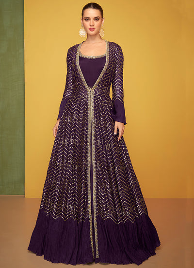 Deep Purple Embroidery Jacket Style Anarkali Gown