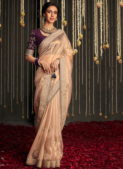 Champagne Gold And Purple Embroidered Organza Silk Saree