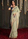Mint Green And Turquoise Embroidered Organza Silk Saree