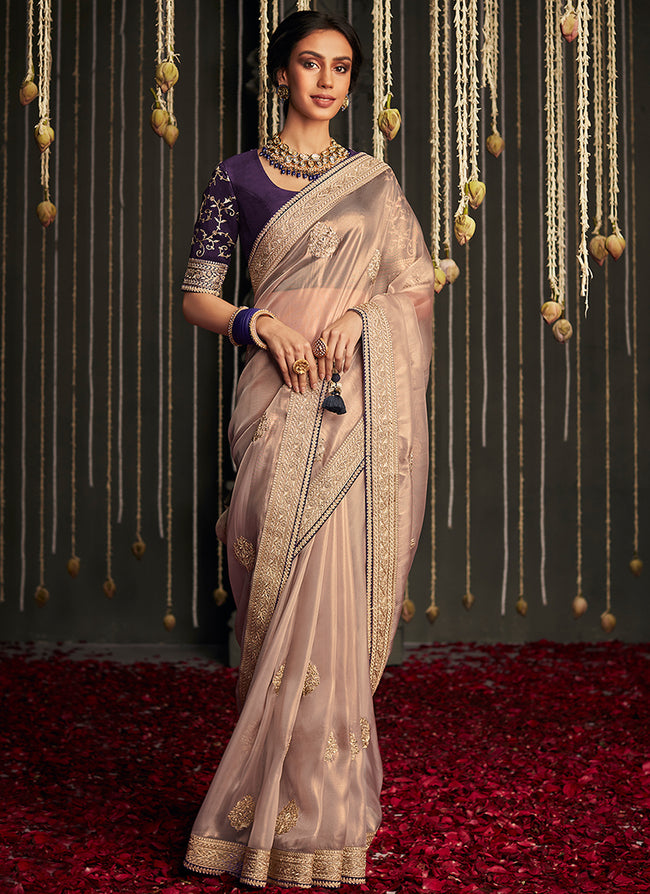 Rose Gold And Purple Embroidered Organza Silk Saree