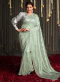 Mint Green And Grey Embroidered Organza Silk Saree