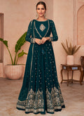 Turquoise Mirror Work Embroidery Anarkali Gown With Jacket