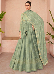 Green Lucknowi Embroidery Designer Wedding Anarkali Suit