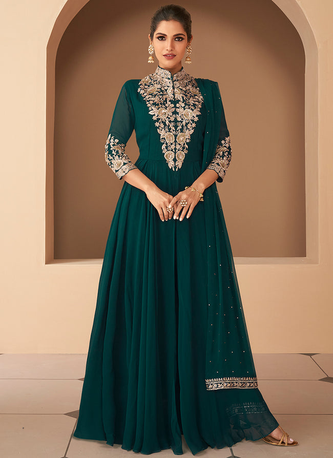 Dark Green Embroidery Slit Style Anarkali Pant Suit