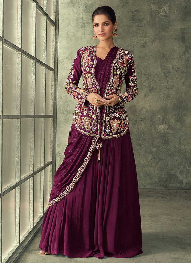 Deep Wine Multi Embroidery Saree Gown With Jacket