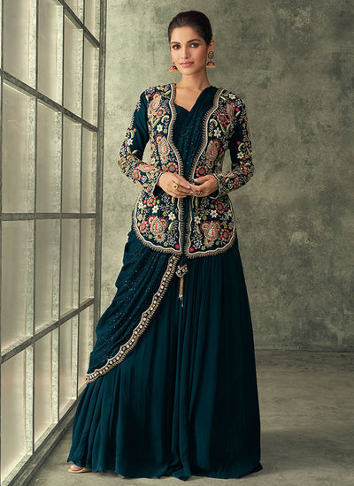 Turquoise Multi Embroidery Saree Gown With Jacket