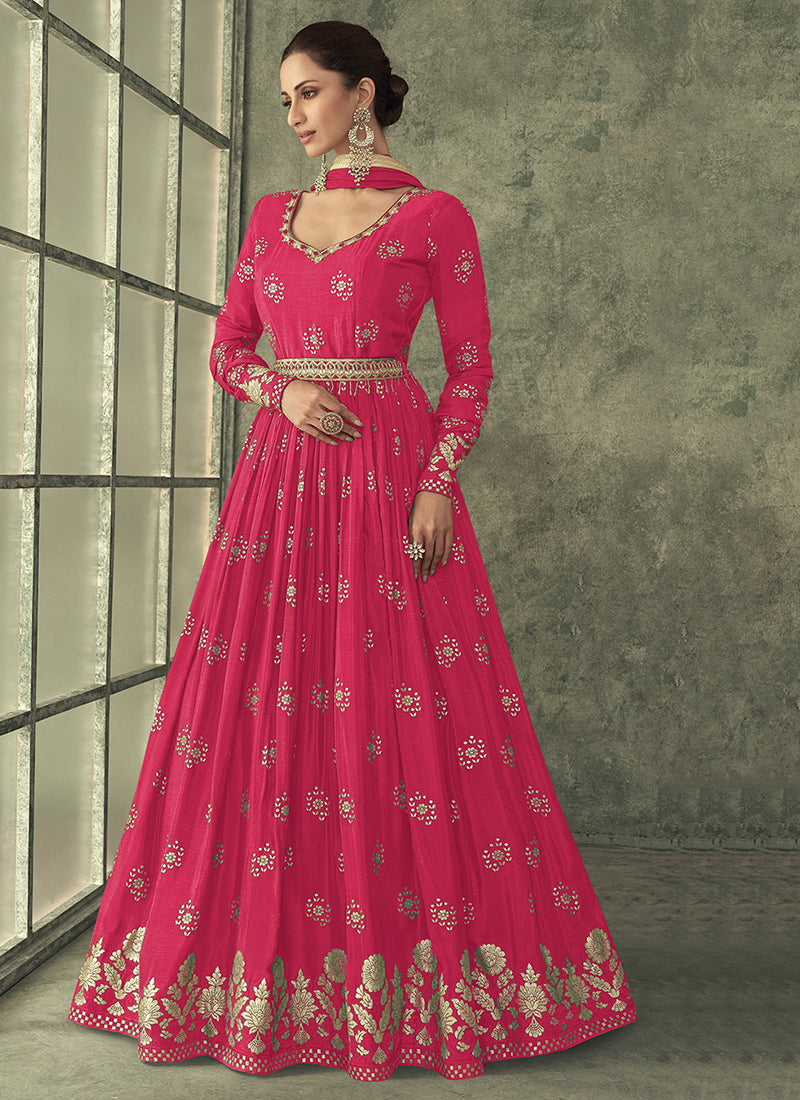 Hot Pink Sequence Embroidery Wedding Anarkali Pant Suit