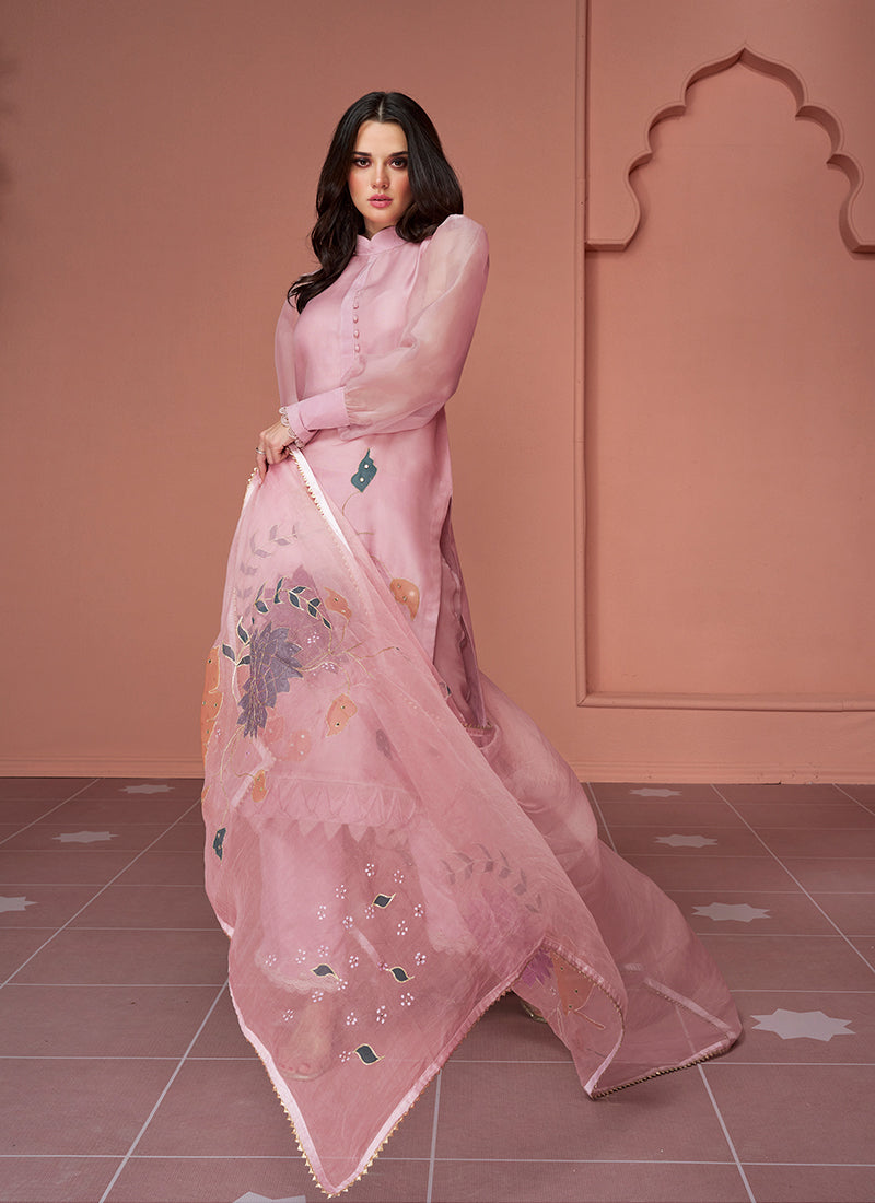 Blush Pink Floral Pakistani Pant Style Suit In USA