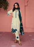 Cream And Turquoise Floral Embroidery Pakistani Pant Style Suit