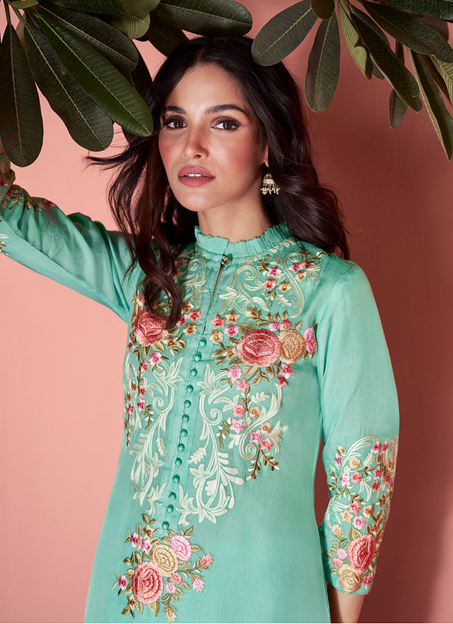 Indian Clothes - Teal Blue Embroidery Pakistani Pant Style Suit In Usa canada