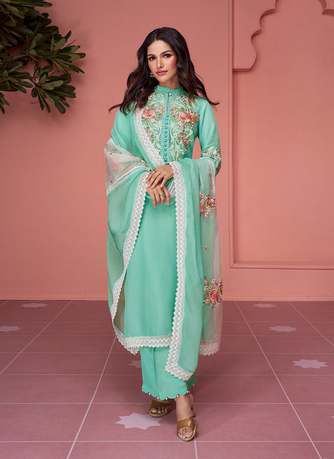 Indian Clothes - Teal Blue Embroidery Pakistani Pant Style Suit In Usa