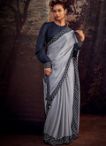 Grey And Blue Embroidered Organza Silk Saree