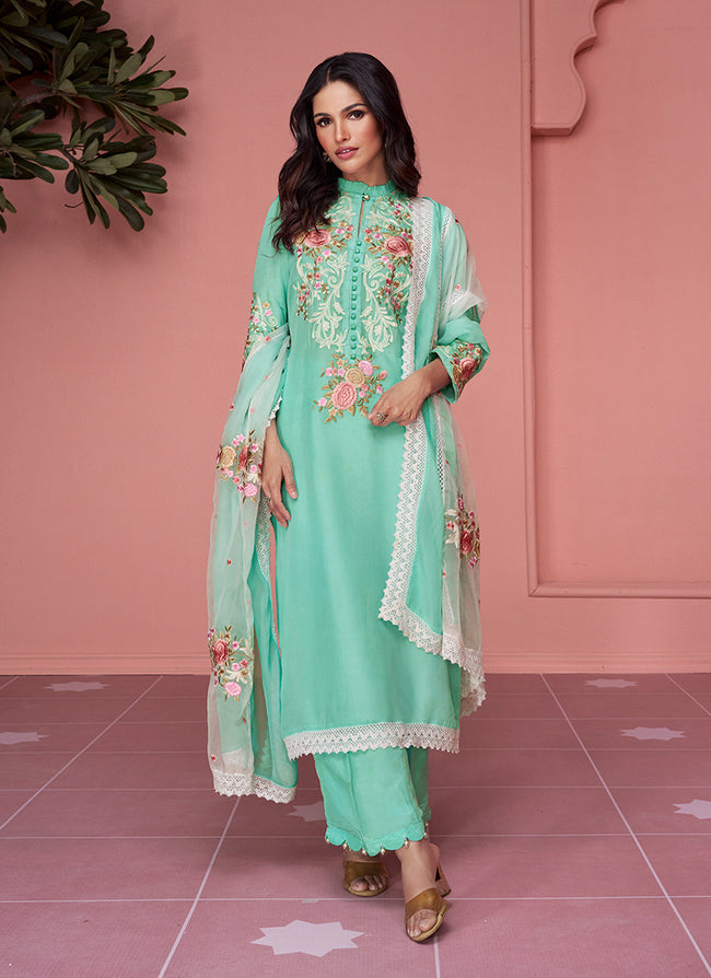Teal Blue Multi Floral Embroidery Pakistani Pant Style Suit