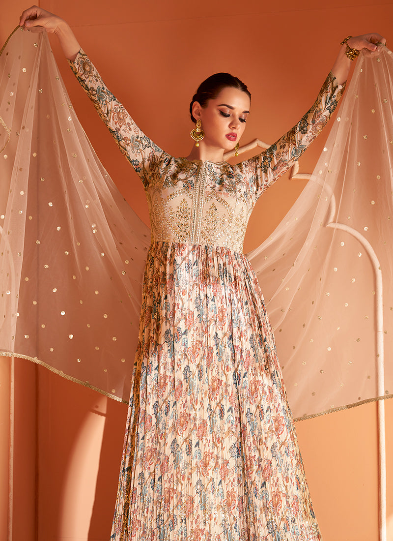 Beige Sequence Embroidery Floral Anarkali Suit