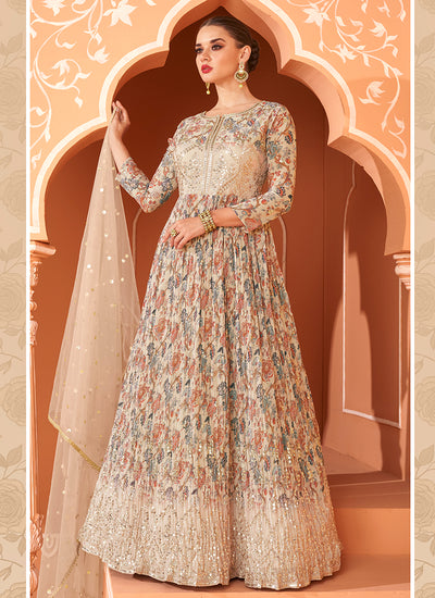 Beige Sequence Embroidery Floral Anarkali Suit