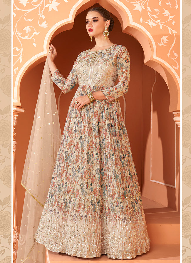 Beige Sequence Embroidery Floral Anarkali Suit