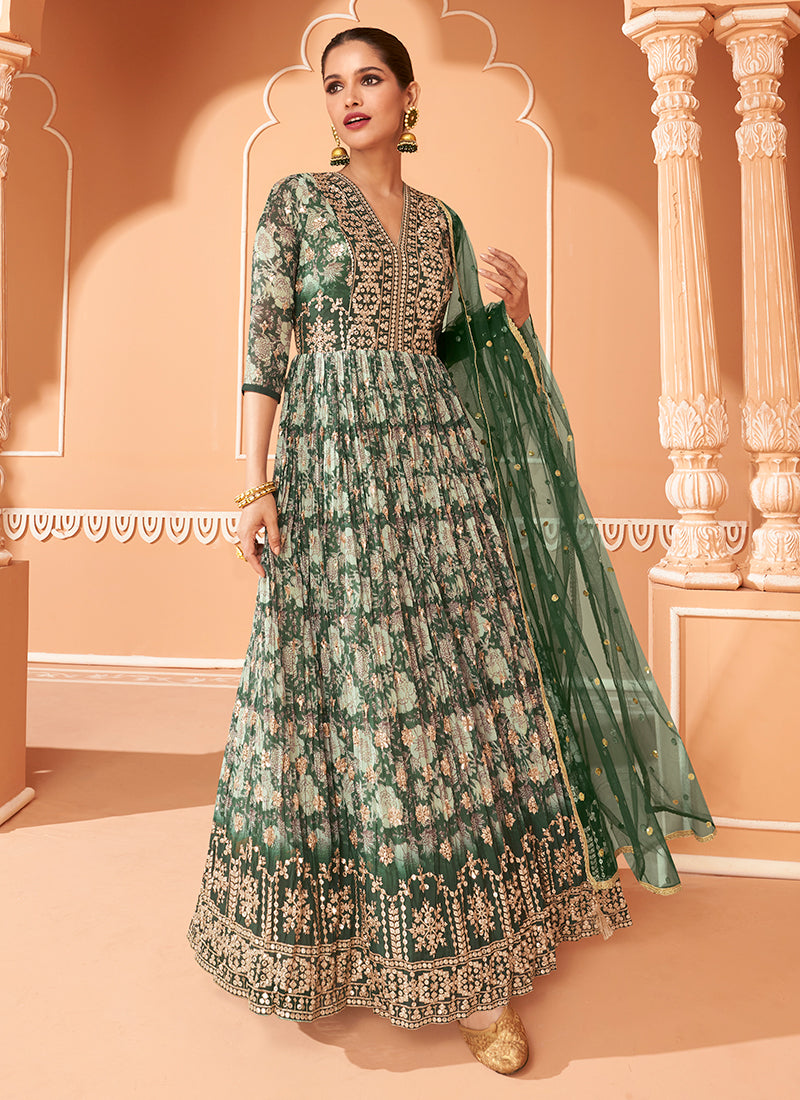 Green Sequence Embroidery Floral Anarkali Suit