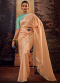 Orange And Teal Embroidered Organza Silk Saree