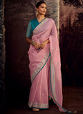 Pink And Blue Embroidered Organza Silk Saree