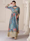 Blue Organza Silk Embroidery Printed Anarkali Suit