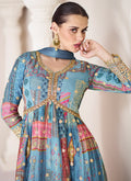  Blue Organza Silk Embroidery Printed Anarkali Suit In Usa