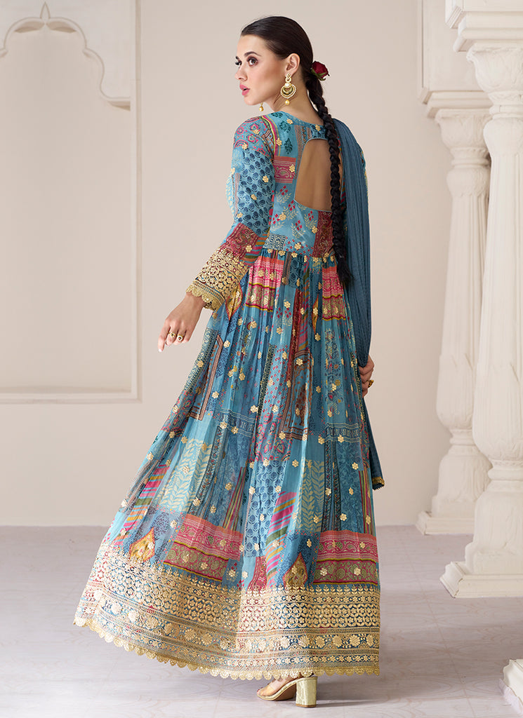 Blue Printed Anarkali Suit In UK
