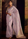 Lavender Beige Embroidered Organza Silk Saree