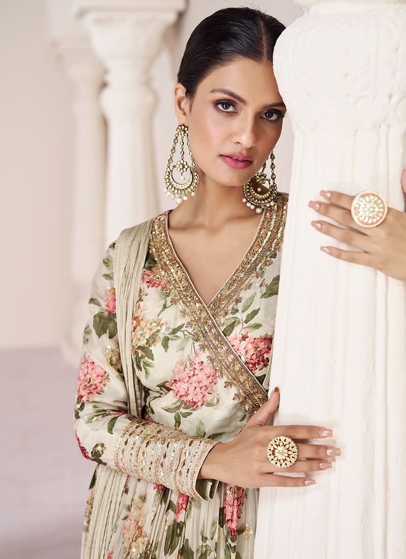 Indian Clothes - Off White Organza Silk Embroidery Floral Anarkali Suit