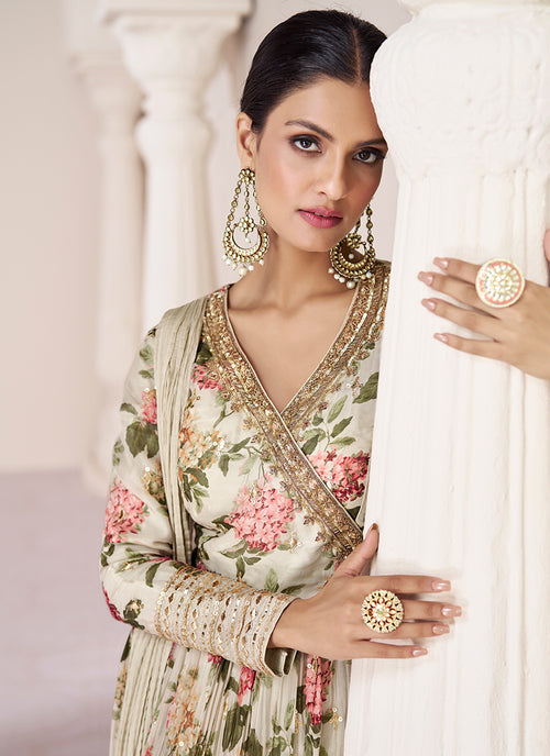 Indian Clothes - Off White Organza Silk Embroidery Floral Anarkali Suit