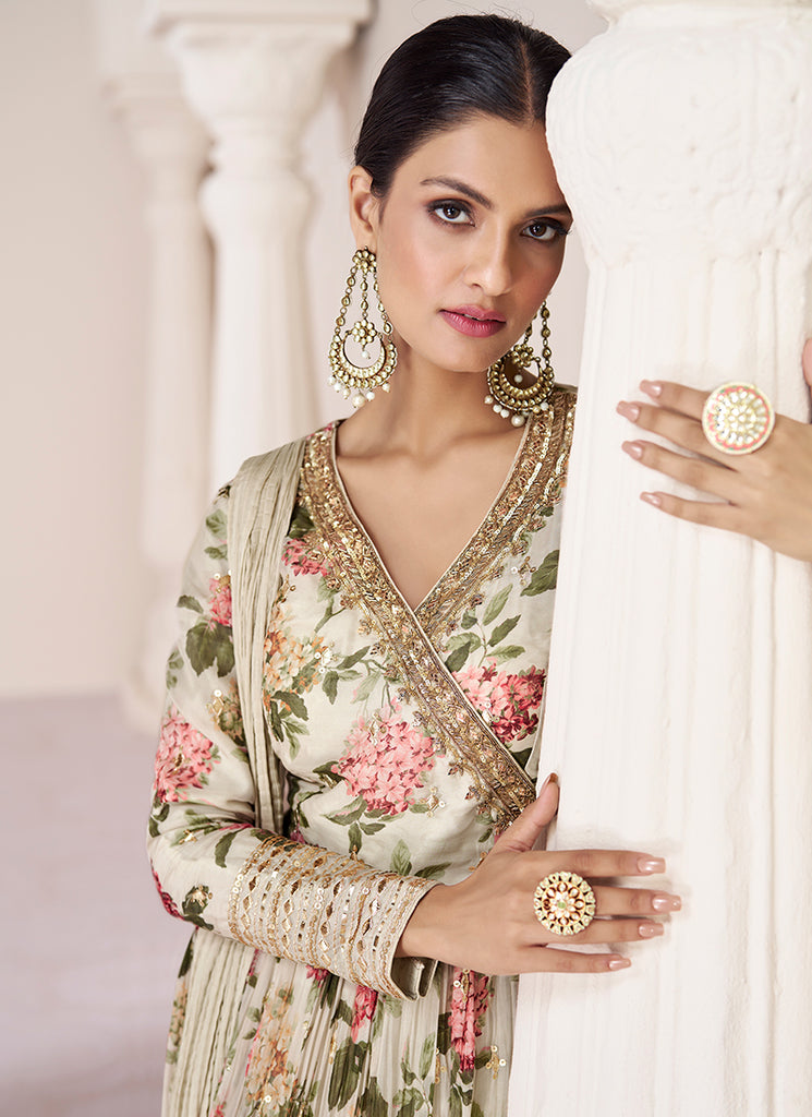 Indian Clothes - Off White Organza Silk Embroidery Floral Anarkali Suit