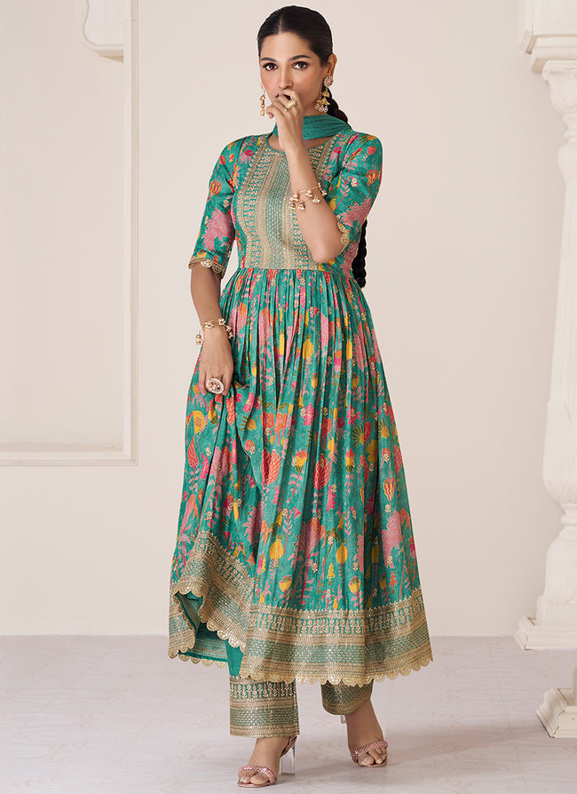 Green Organza Silk Embroidery Floral Anarkali Pant Suit