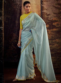 Sky Blue And Yellow Embroidered Organza Silk Saree