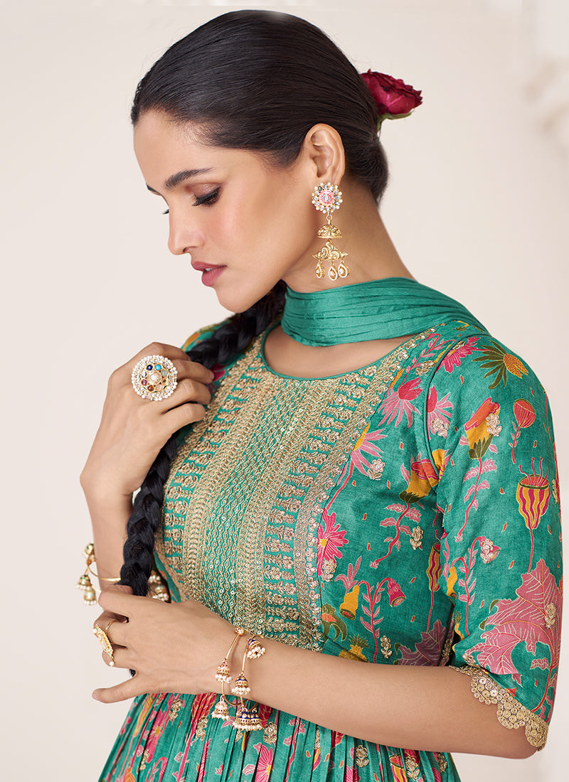 Green Organza Silk  Floral Anarkali Pant Suit In Usa
