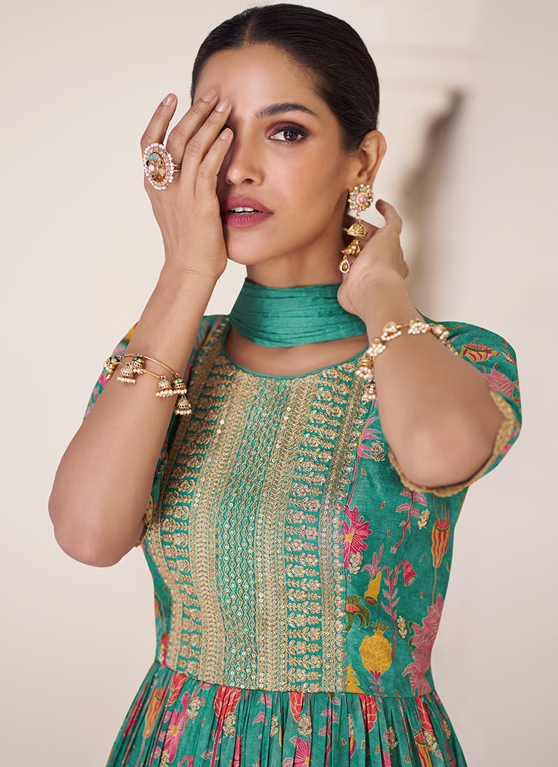 Green Organza Silk  Floral Anarkali Pant Suit In Usa Uk