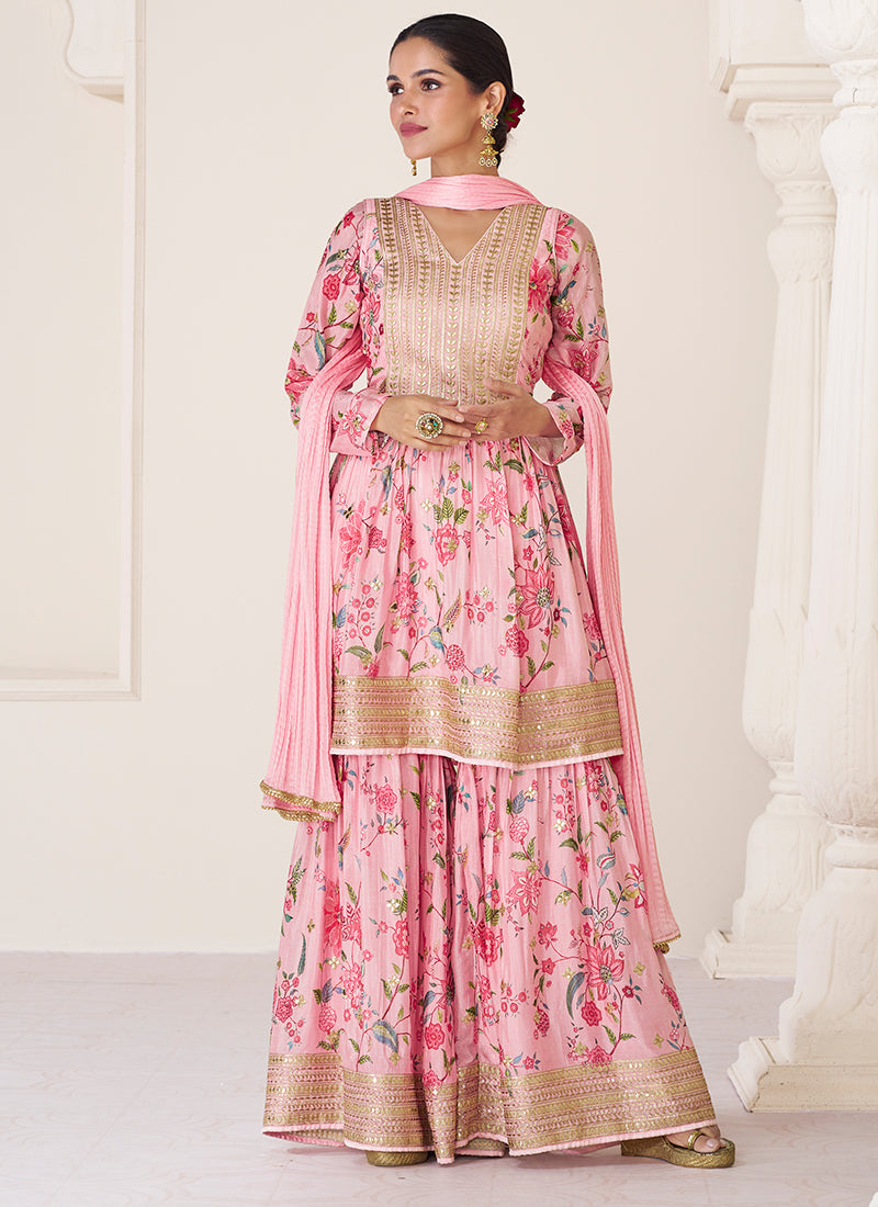 Pink Organza Silk Embroidery Floral Gharara Suit