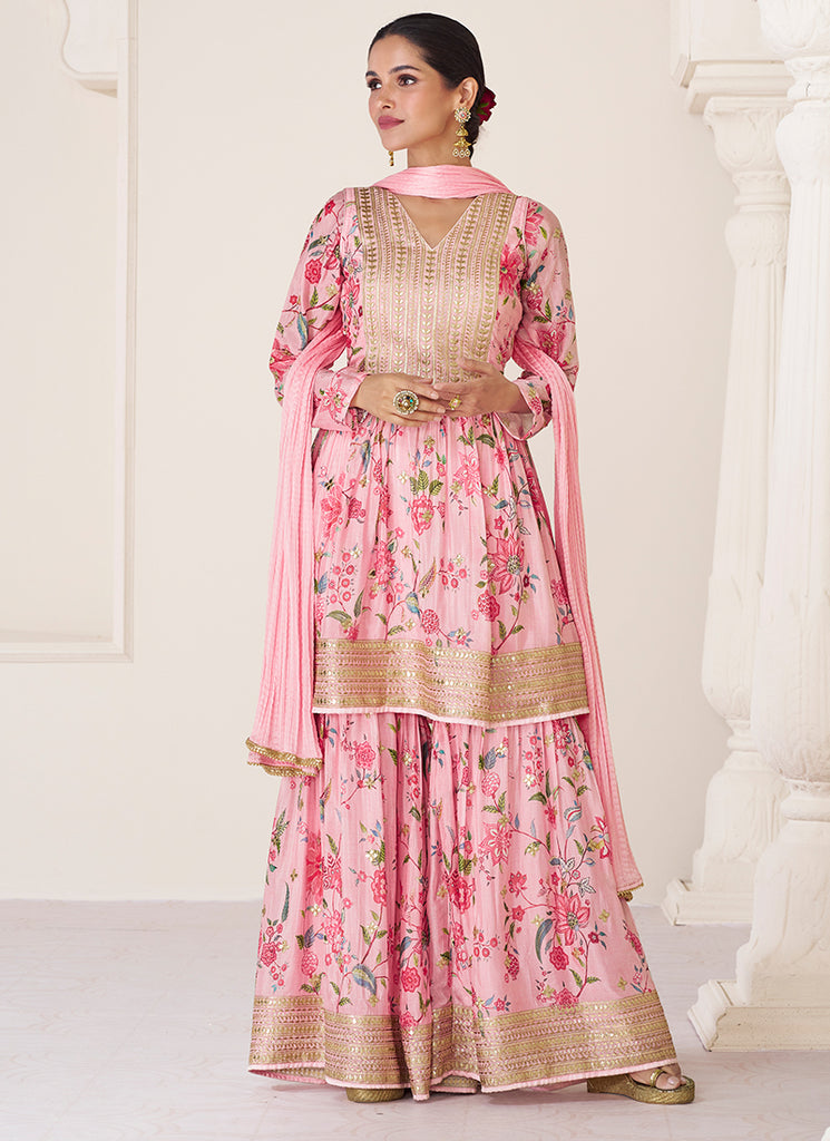 Pink Organza Silk Embroidery Floral Gharara Suit
