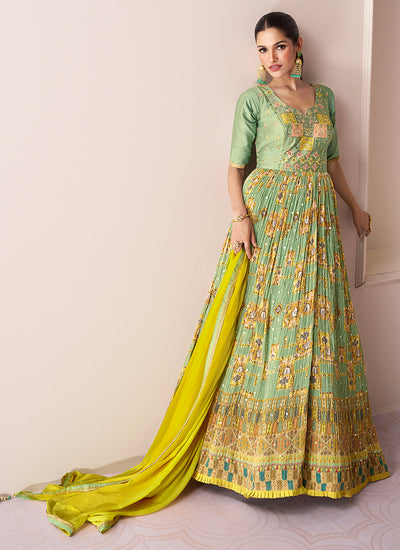 Green And Yellow Multi Embroidery Printed Wedding Anarkali Suit