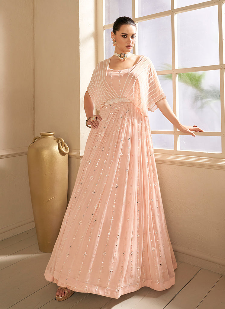 Buy Indian Gowns - Light Peach Mirror Work Embroidery Festive Anarkali Gown Buy Indian Gowns - Light Peach Mirror Work Embroidery Festive Anarkali Gown