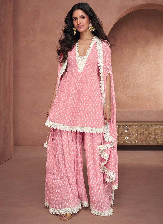 Pink Crochet Embroidery Gharara Style Suit