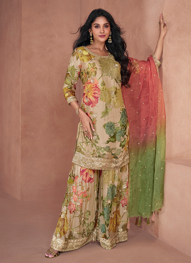 Olive Green Sequence Embroidery Printed Gharara suit