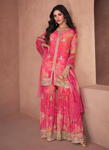 Hot Pink Sequence Embroidery Printed Gharara suit