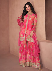Hot Pink Sequence Embroidery Printed Gharara suit