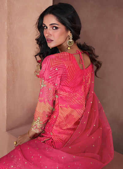 Hot Pink Sequence Embroidery Printed Gharara suit