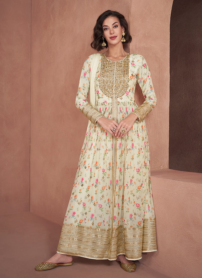 Off White Foil Mirror Embroidery Anarkali Pant Suit