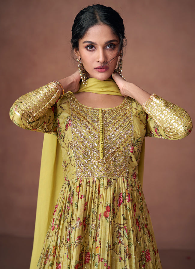 Shop Cotton Designer Mustard Anarkali Gown With Koti - Gunj Fashion