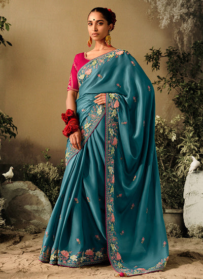 Blue And Pink Multi Embroidery Wedding Silk Saree