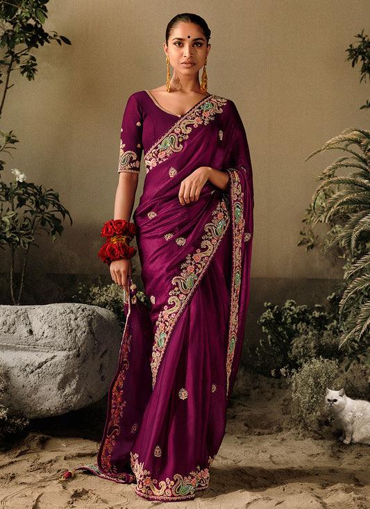 Deep Wine Multi Embroidery Wedding Silk Saree