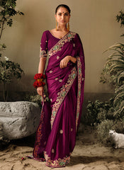 Deep Wine Multi Embroidery Wedding Silk Saree