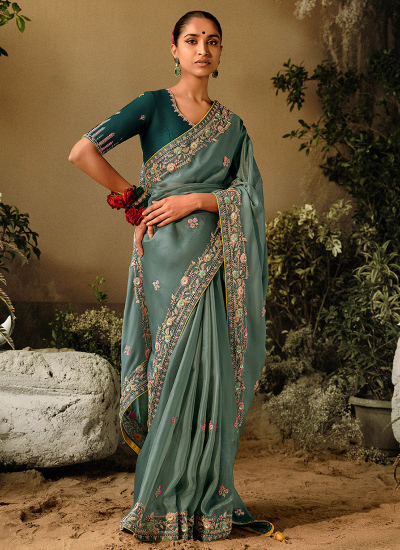 Misty Green Two Tone Multi Embroidery Wedding Silk Saree