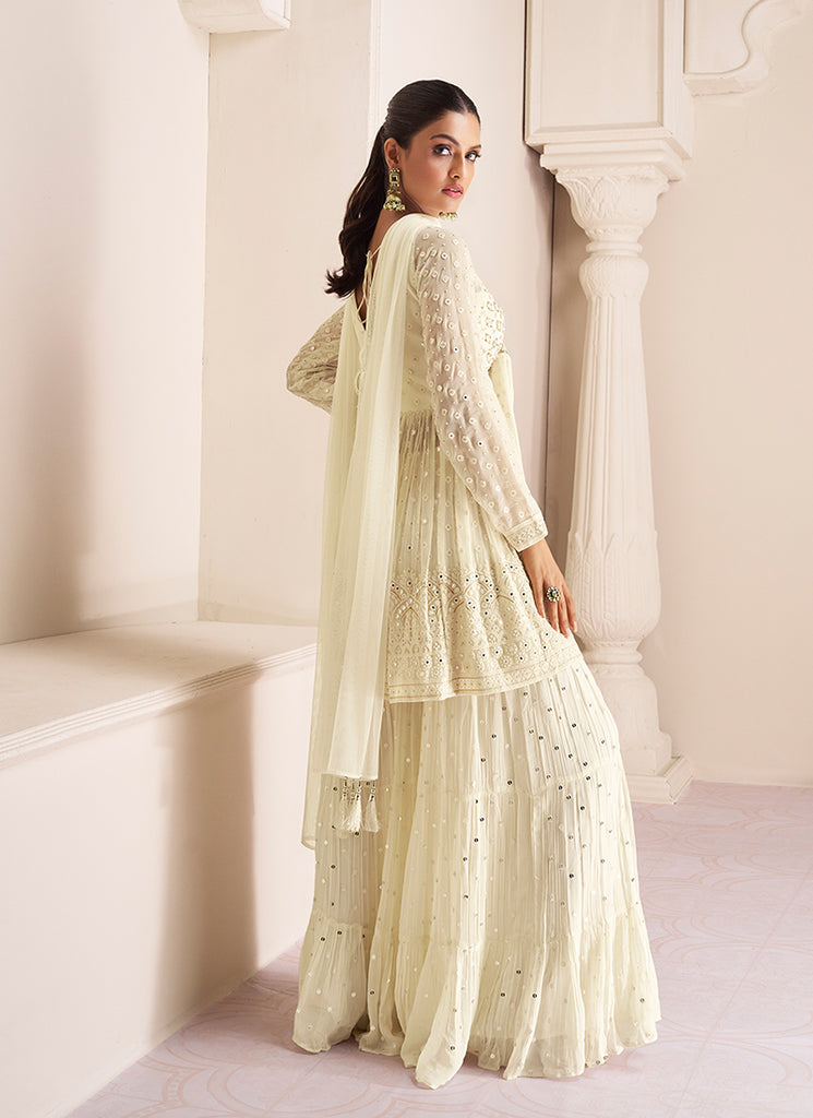 Buy Engagement Outfit - Off White Sequence Embroidery Gharara Style Suit At Hatkay Buy Engagement Outfit - Off White Sequence Embroidery Gharara Style Suit At Hatkay